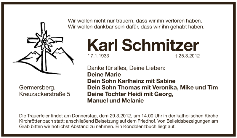  Traueranzeige für Karl Schmitzer vom 27.03.2012 aus Pegnitz-Zeitung